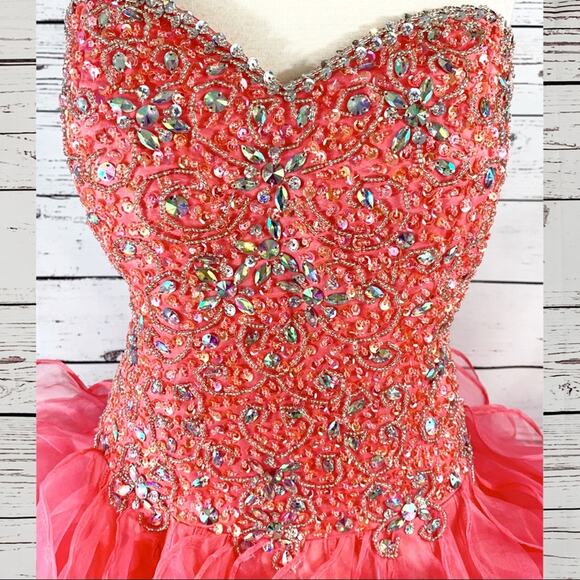 Hot pink formal dress gown beaded ruffles - Picture 2 of 6